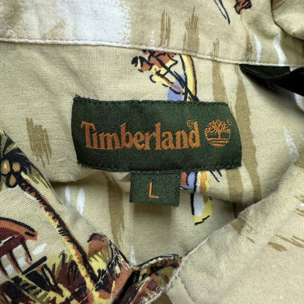 Timberland Button Front Shirt Men Large Tan Tropical Island Scene Vintage 2001 - Picture 3 of 8